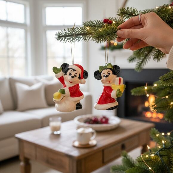 Vintage Schmid Japan Disney Ceramic Christmas Ornament Mickey Minnie Mouse - Picture 1 of 5